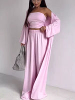 Tube Top & Cardigan & Wide Leg Pants 3-Piece Set