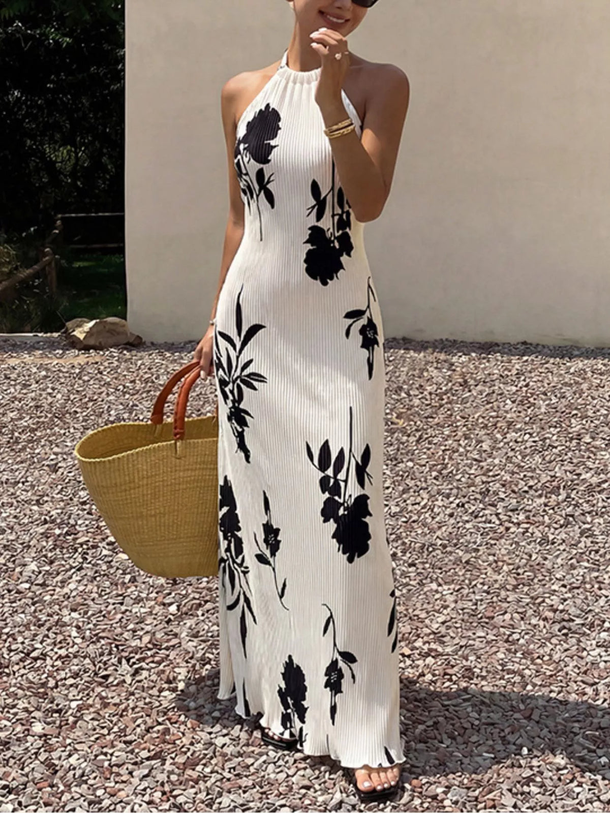 Floral Print Halter Neck Maxi Dress