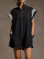Striped Zip Front Short Sleeve Romper