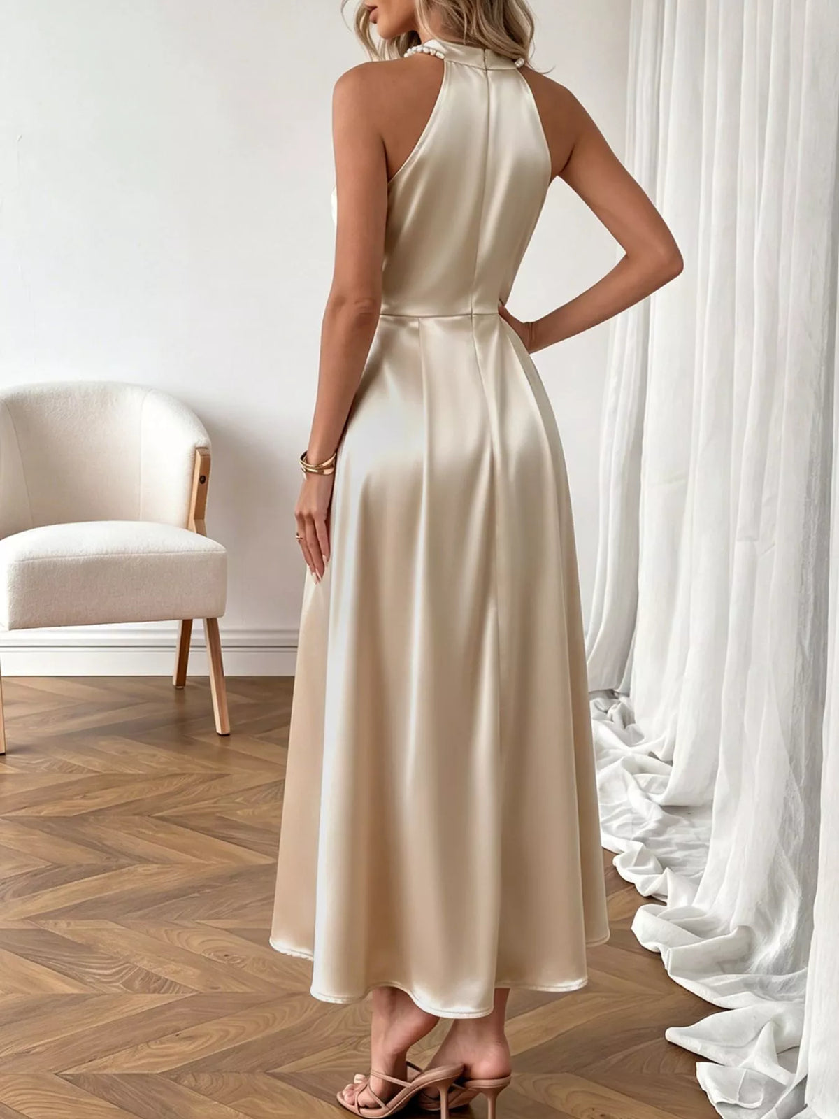 Pearl Halter Satin Midi Dress