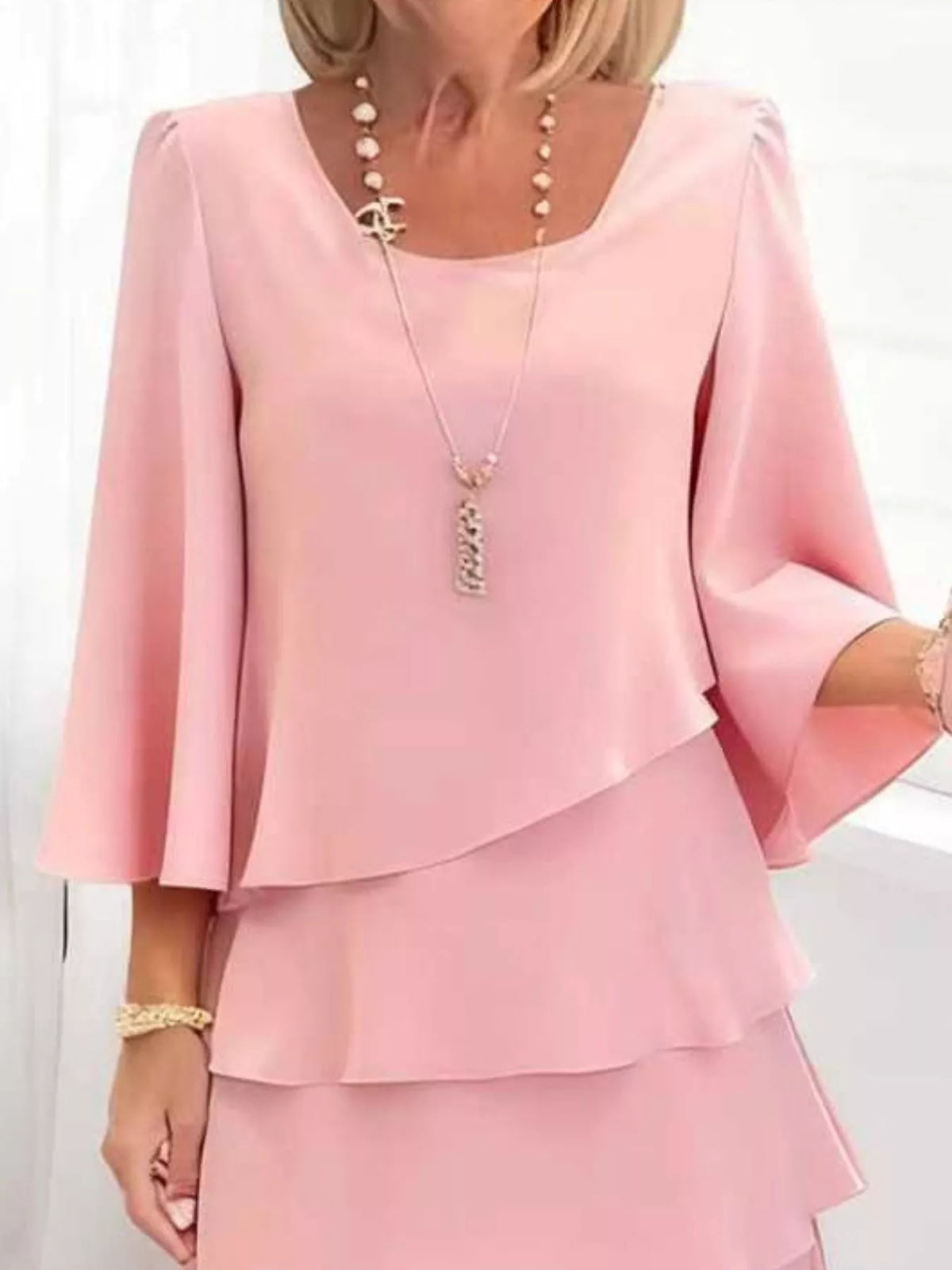 Full Size Ruffled Layered 3/4 Sleeve Dress Plus Size