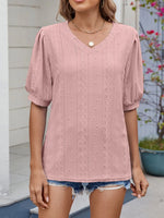 Puff Sleeve V-Neck Eyelet Lace T-Shirt