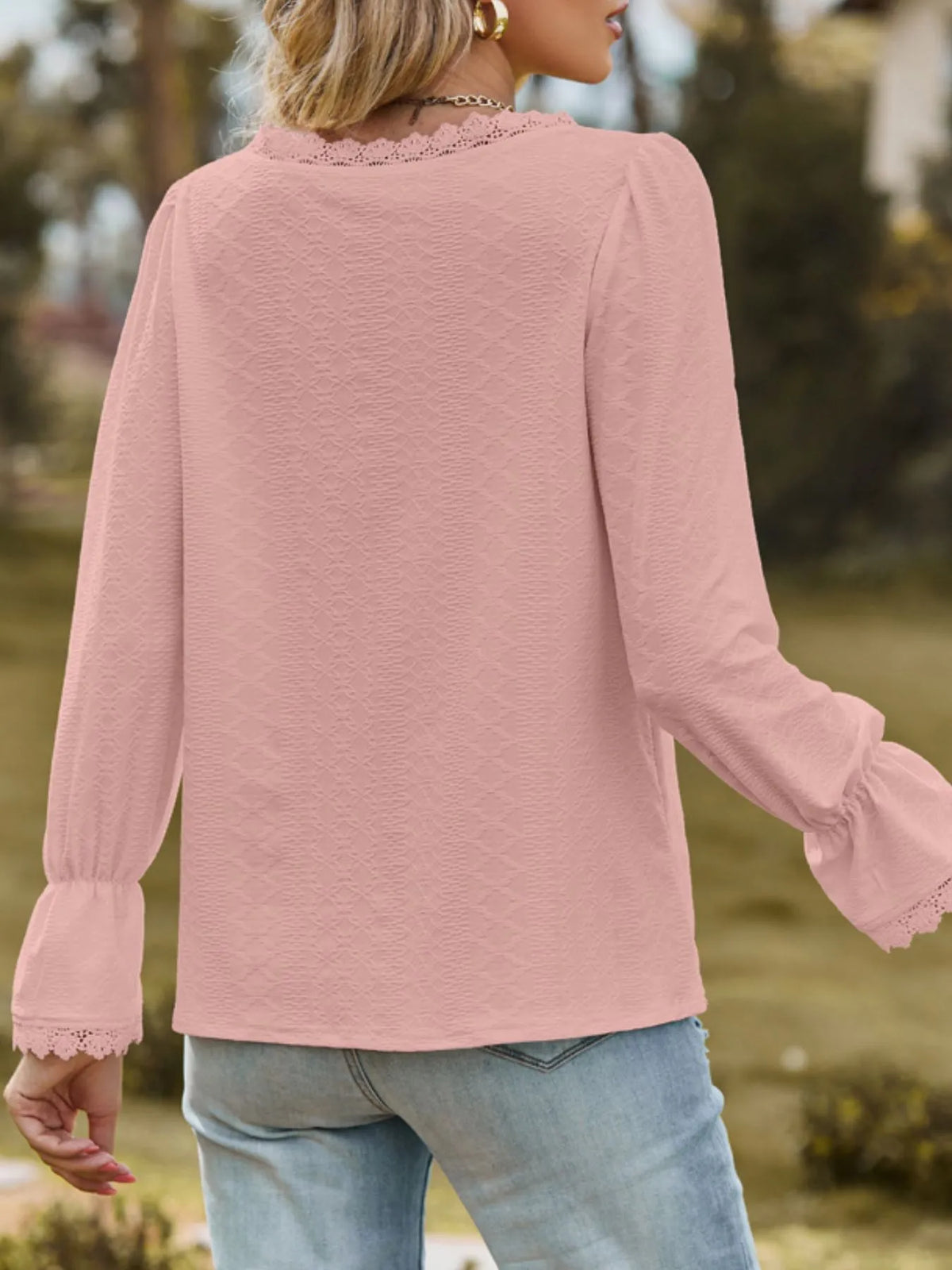Lace Trim V-Neck Blouse with Flounce Sleeves