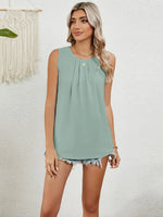 Round Neck Sleeveless Top with Pleated Front Detail