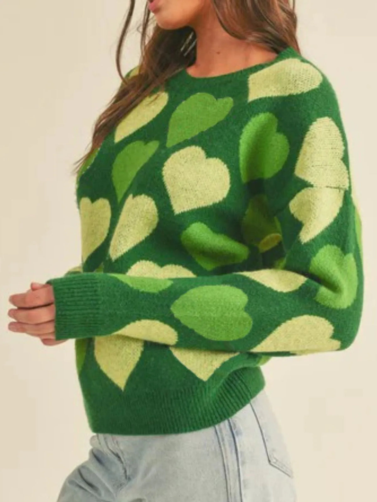 Heart Ribbed Hem Long Sleeve Sweater