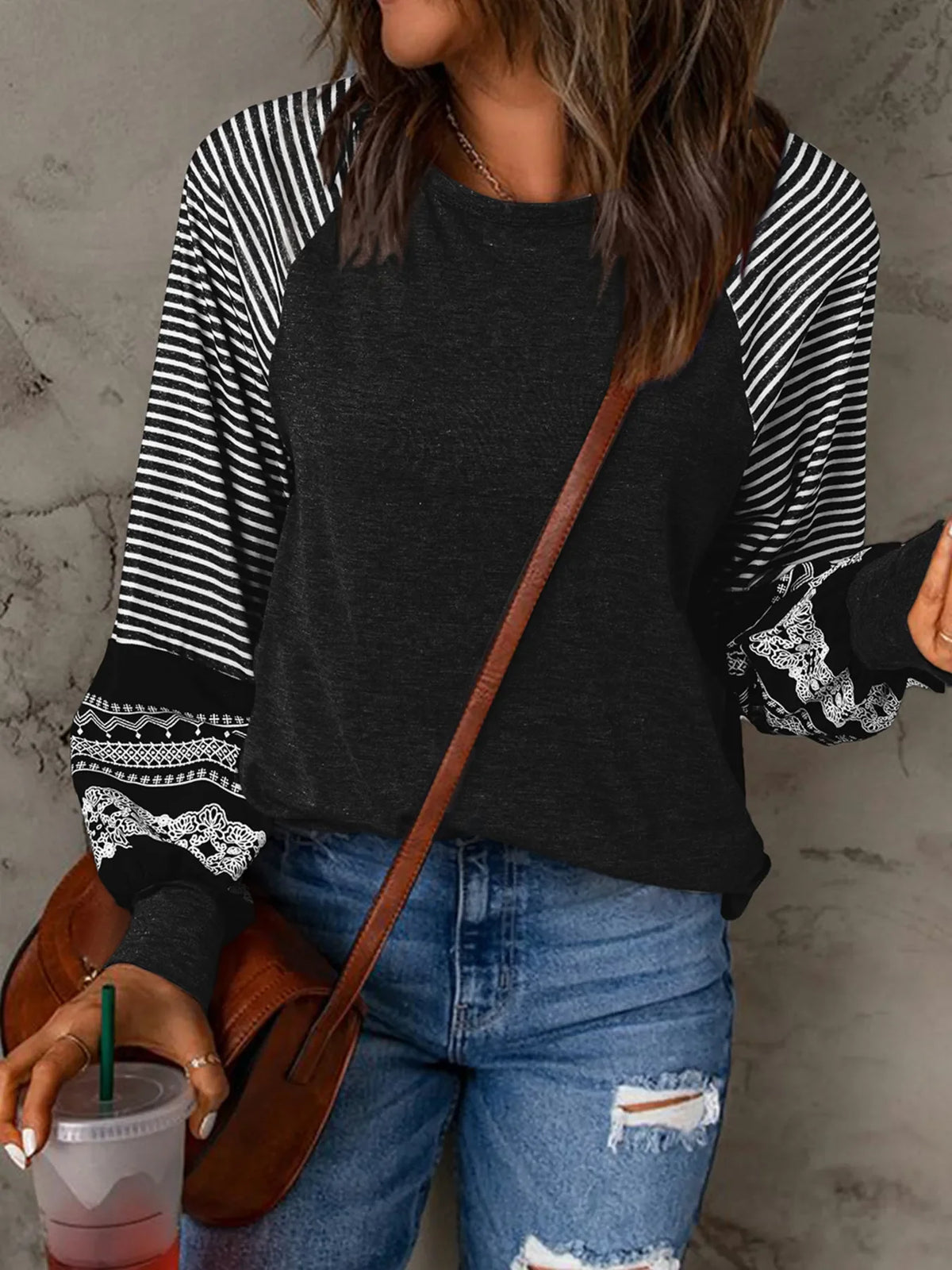 Contrast Print Striped Raglan Long Sleeve Loose Top