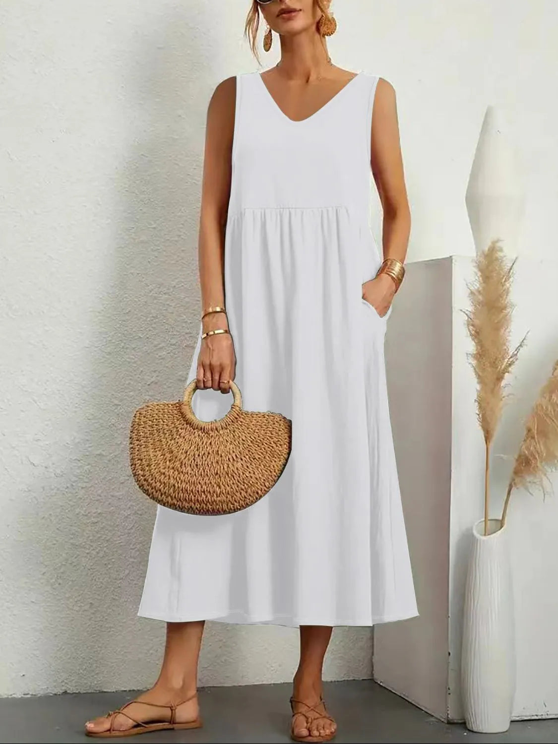 Full Size Pocketed V-Neck Sleeveless Midi Dress Plus Size