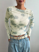 Floral Print Sheer Mesh Long Sleeve T-Shirt