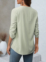 Striped V-Neck Roll-Up Sleeve Blouse