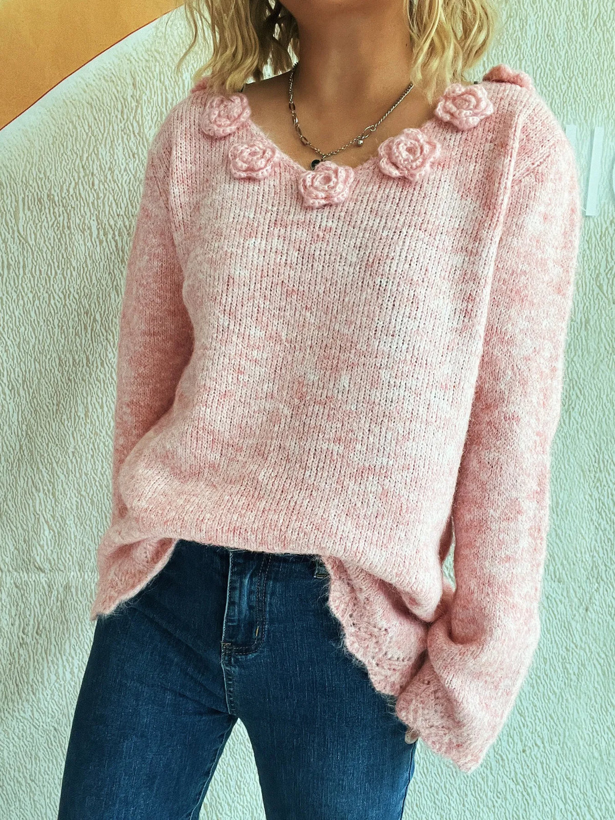 Flower V-Neck Long Sleeve Sweater