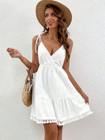 Surplice Summer Mini Dress with Tassel Hem