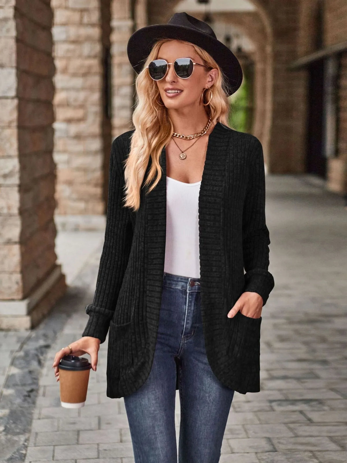 Ribbed Open Front Long Cardigan with Pockets