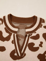 Leopard Knit Notched Casual Sweater