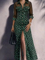 Full Size Leopard Sheer Mesh Long Sleeve Button-Down Maxi Dress Plus Size