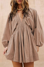 Smocked V-Neck Balloon Sleeve Dress