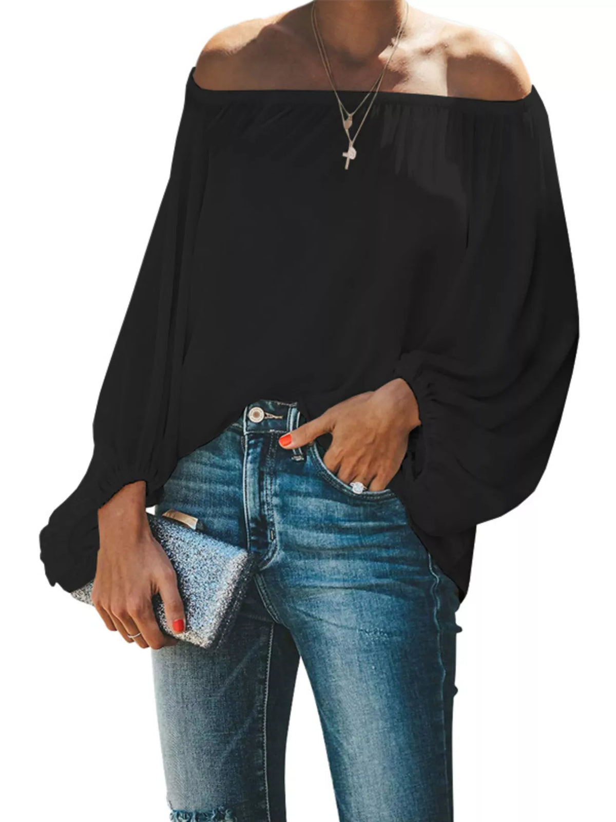 Full Size Off-Shoulder Balloon Sleeve Blouse Plus Size