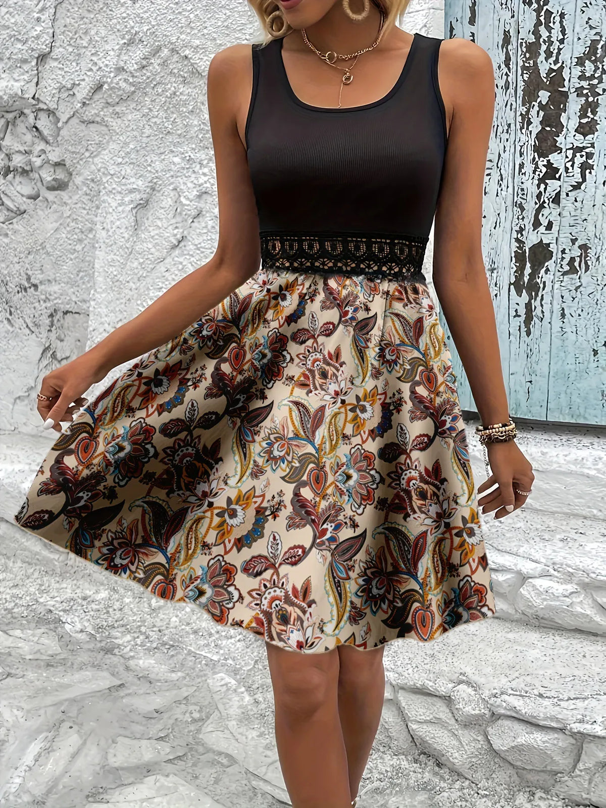 Printed A-Line Tank Dress with Lace Waist Detail