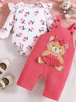 Children's Floral Print Ruffle Trim Bodysuit & Bear Applique Overalls Set