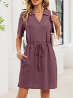 Casual Knit Polo Collar Drawstring Waist Dress