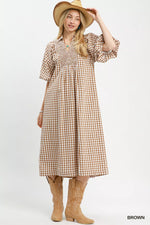 Umgee Puff Sleeve Plaid Midi Dress