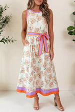 Floral Print Color Block Trim Belted Sleeveless Dress