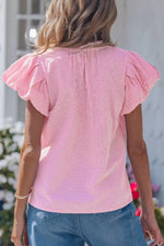Stripe Short Bubble Sleeve Split V Neck Blouse