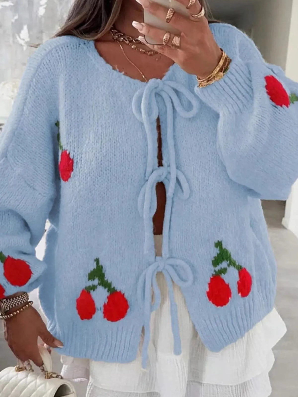 Cherry Pattern Tie-Front Oversized Cardigan