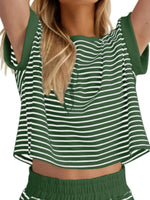 Full Size Contrast Striped T-Shirt and Shorts Set Plus Size