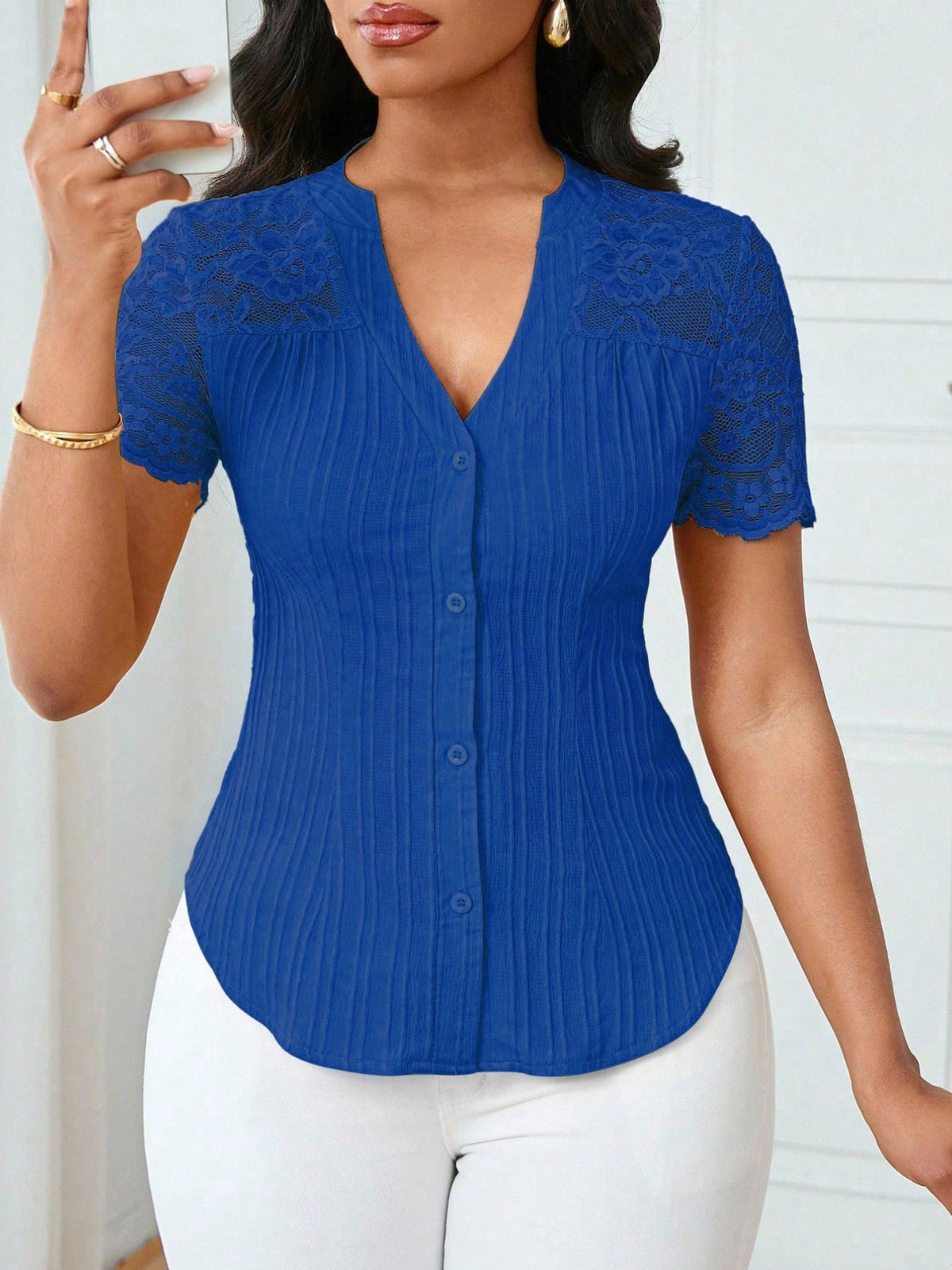 Lace Sleeve Button Up Shirt