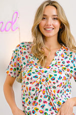 BiBi Multi Color Leopard Jersey Shirred V Neck Top