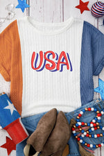 USA Embroidered Cable Textured Knit Cuffed Sleeve Color Block Tee