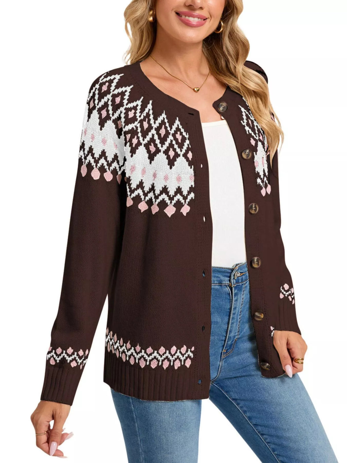 Fair Isle Patterned Button-Down Knit Cardigan