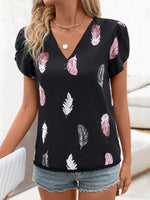 Perfee Printed V-Neck Short Sleeve Blouse