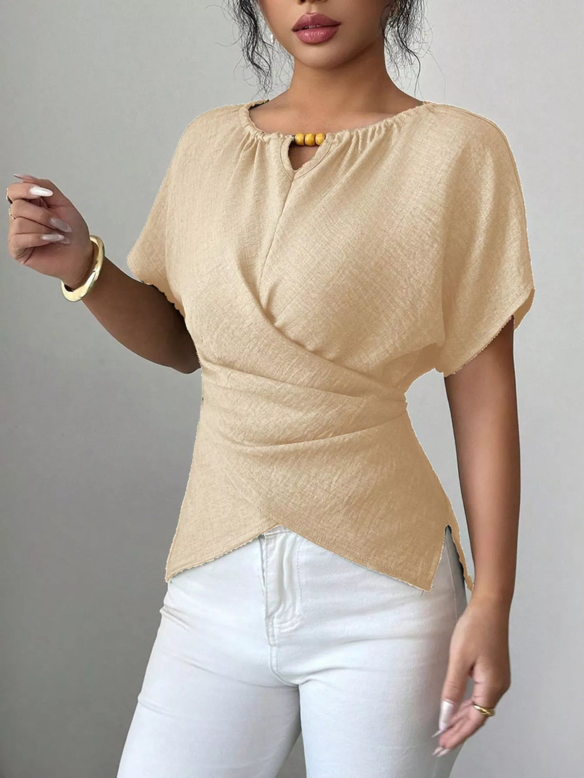 Beaded Neckline Short Sleeve Blouse