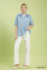 Umgee Textured Henley Blouse with Ruffle Cuffs