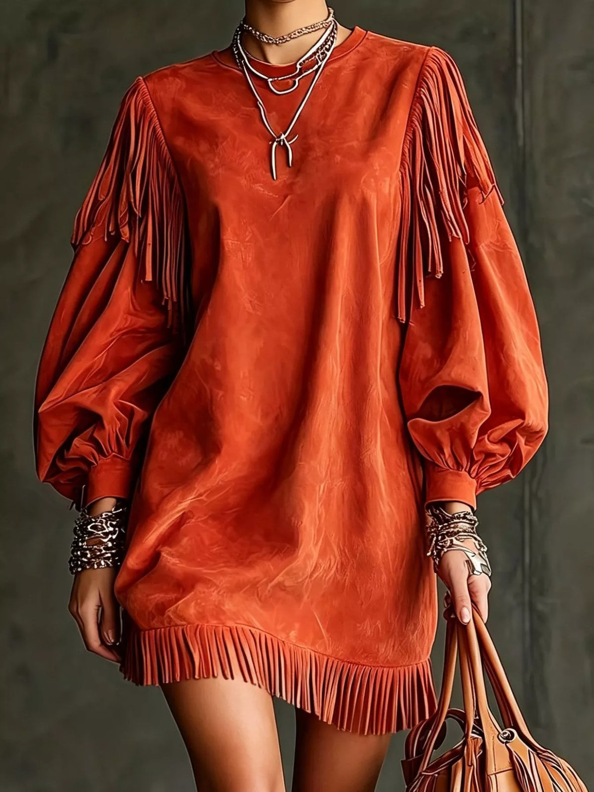 Fringe Detail Lantern Sleeve Mini Dress