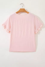 Solid Color Ruffle Trim Short Sleeve Blouse