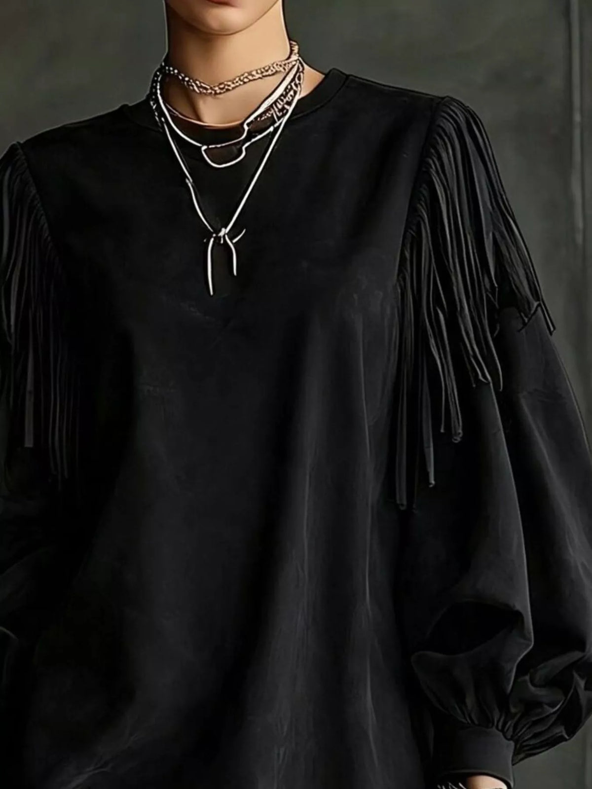 Fringe Detail Lantern Sleeve Mini Dress