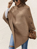 Button-Decor Turtleneck Poncho Pullover