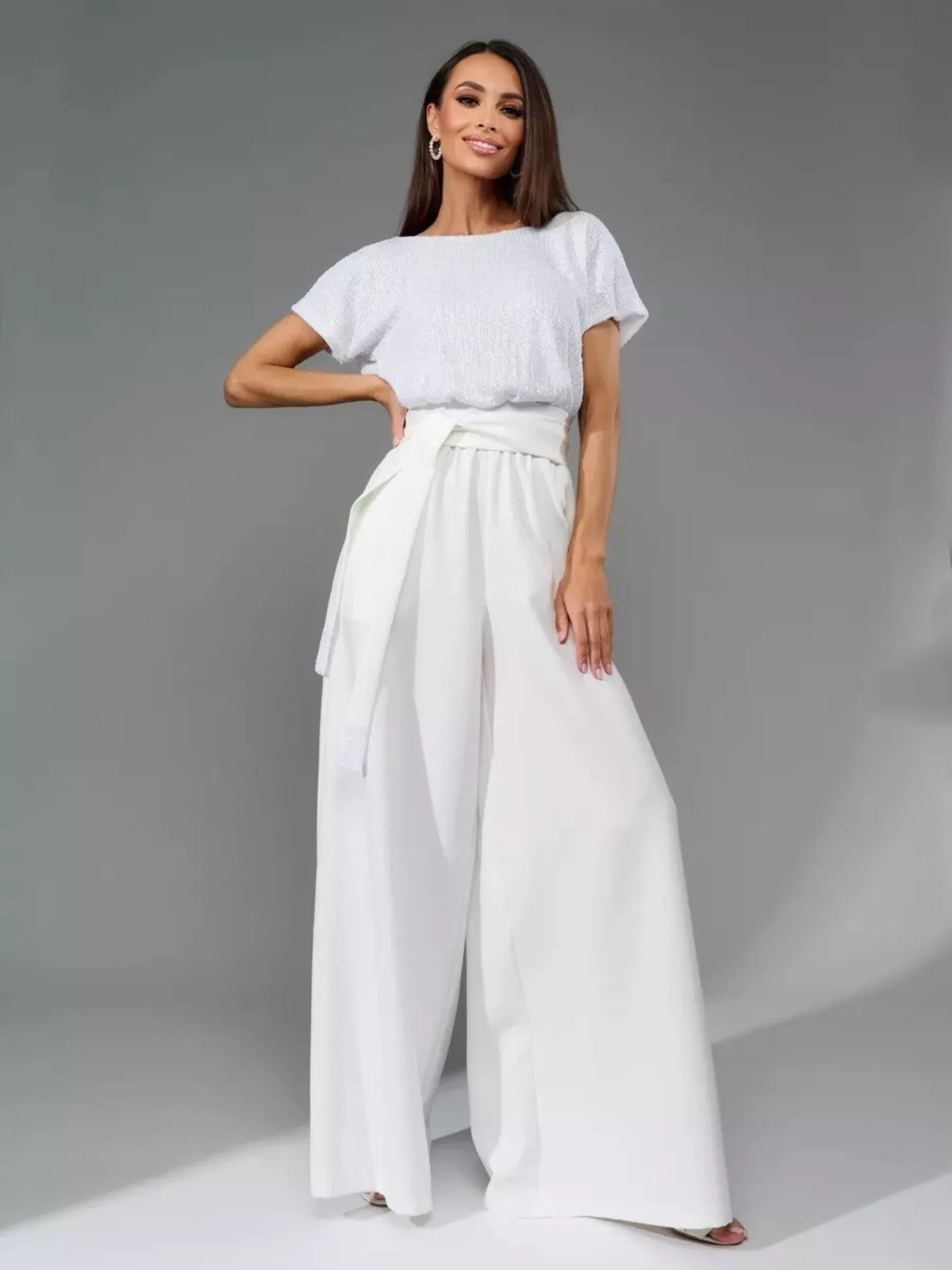 Full Size Sequin Short Sleeve Wide Leg Jumpsuit Plus Size
