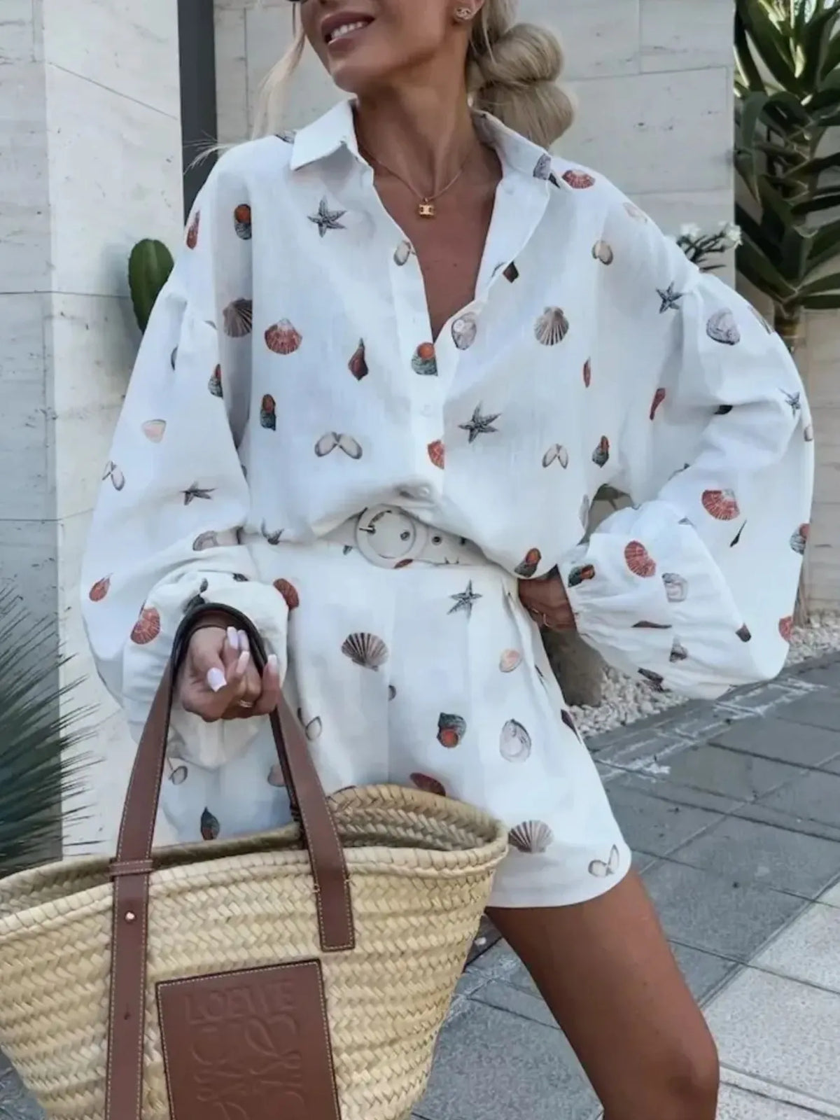 Printed Button Up Shirt and Shorts Set