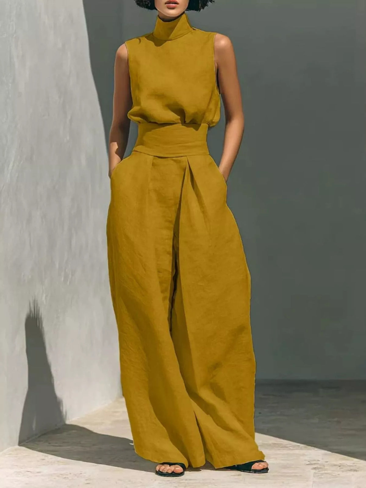 High Neck Sleeveless Top and Wide Leg Pants Set