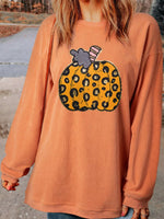 Halloween Leopard Pumpkin Patchwork Ribbed Sweatshirt