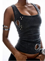 Ribbed Tank Top with Metal Grommet Cutouts and Stud Embellishments