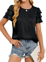 Smocked Round Neck Ruffled Layered Sleeve Blouse