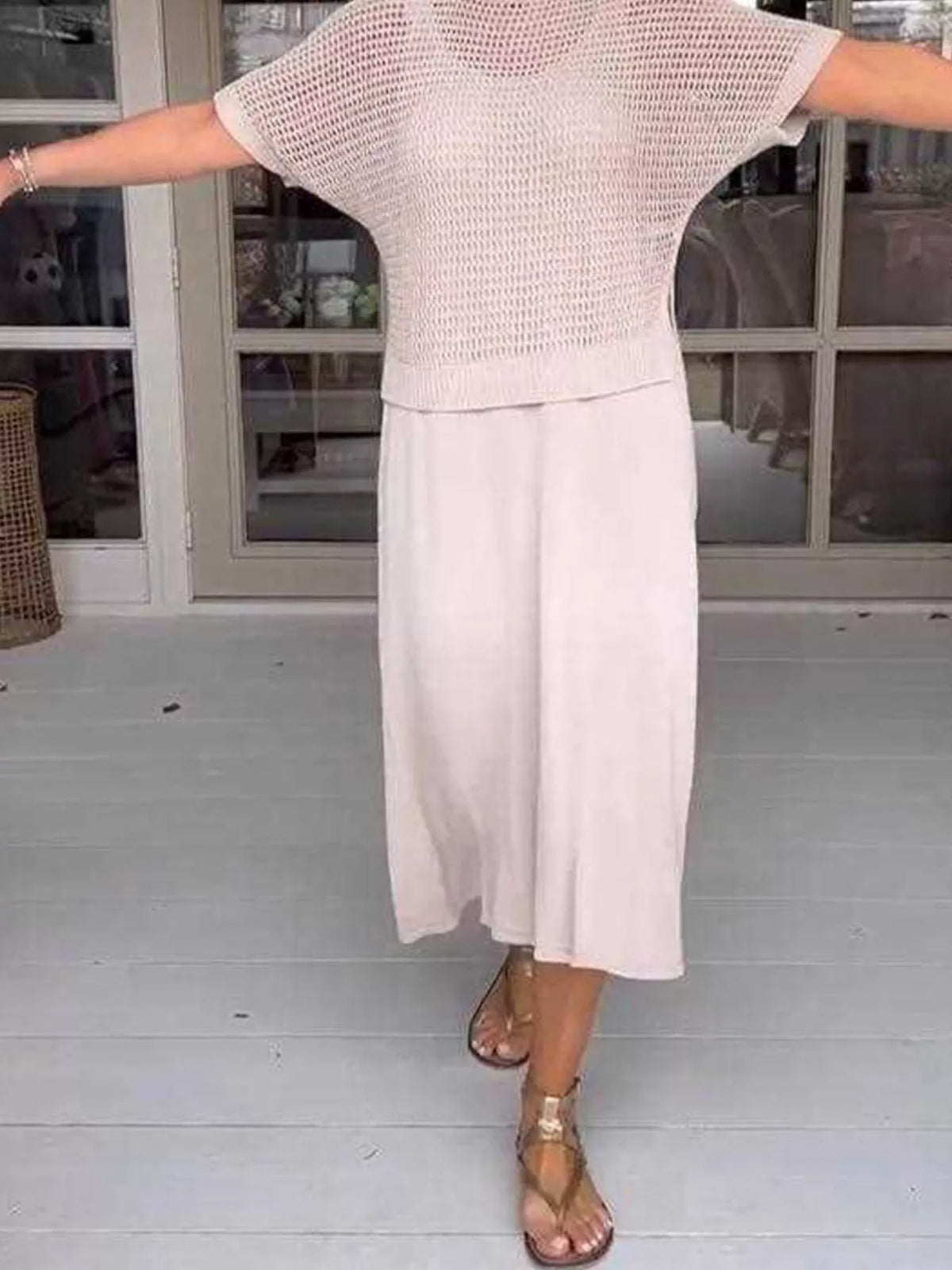 Full Size Openwork Knit Cover Up and Dress Set Plus Size