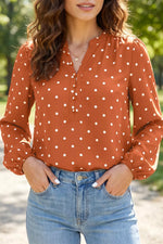 Polka Dot Half Button V Neck Long Sleeve Blouse