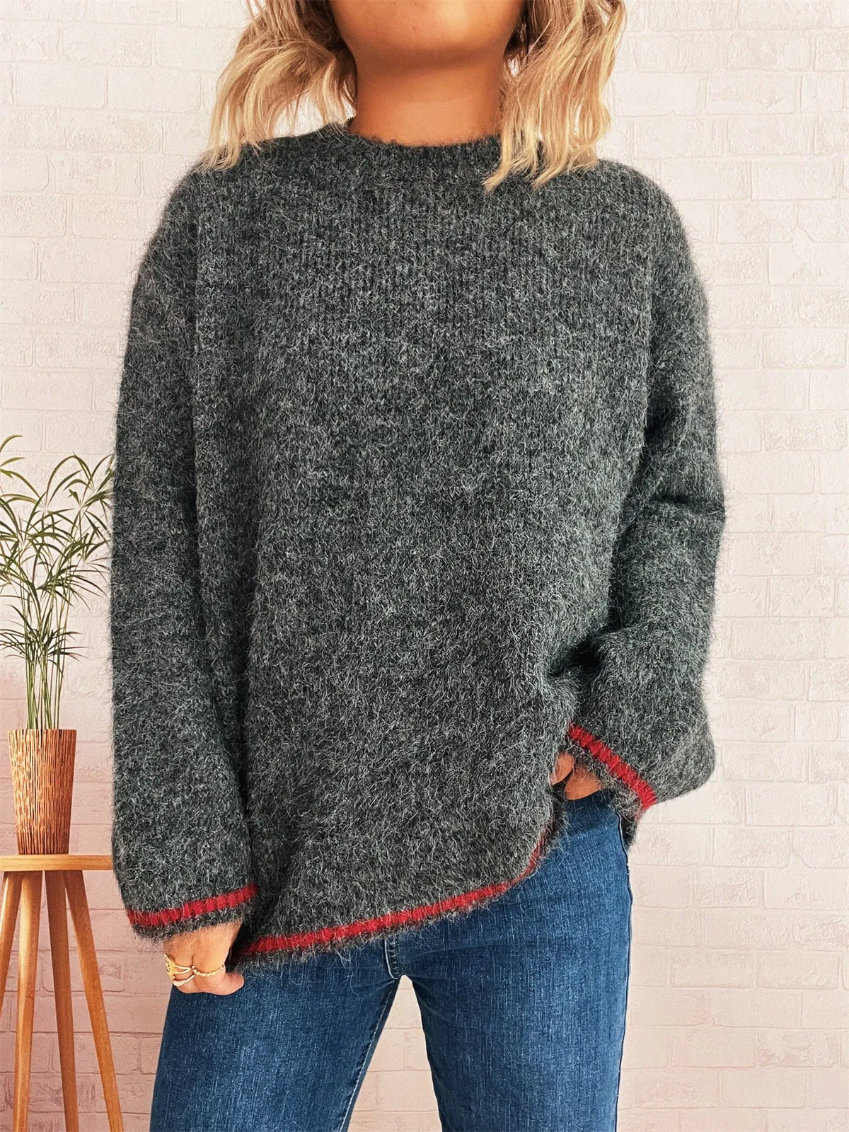 Contrast Trim Round Neck Cozy Sweater