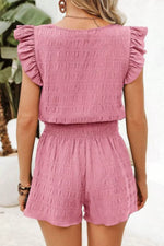Ruffled Sleeve Textured Top and Shorts Two-Piece Set