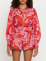 Printed Long Sleeve Belted Romper